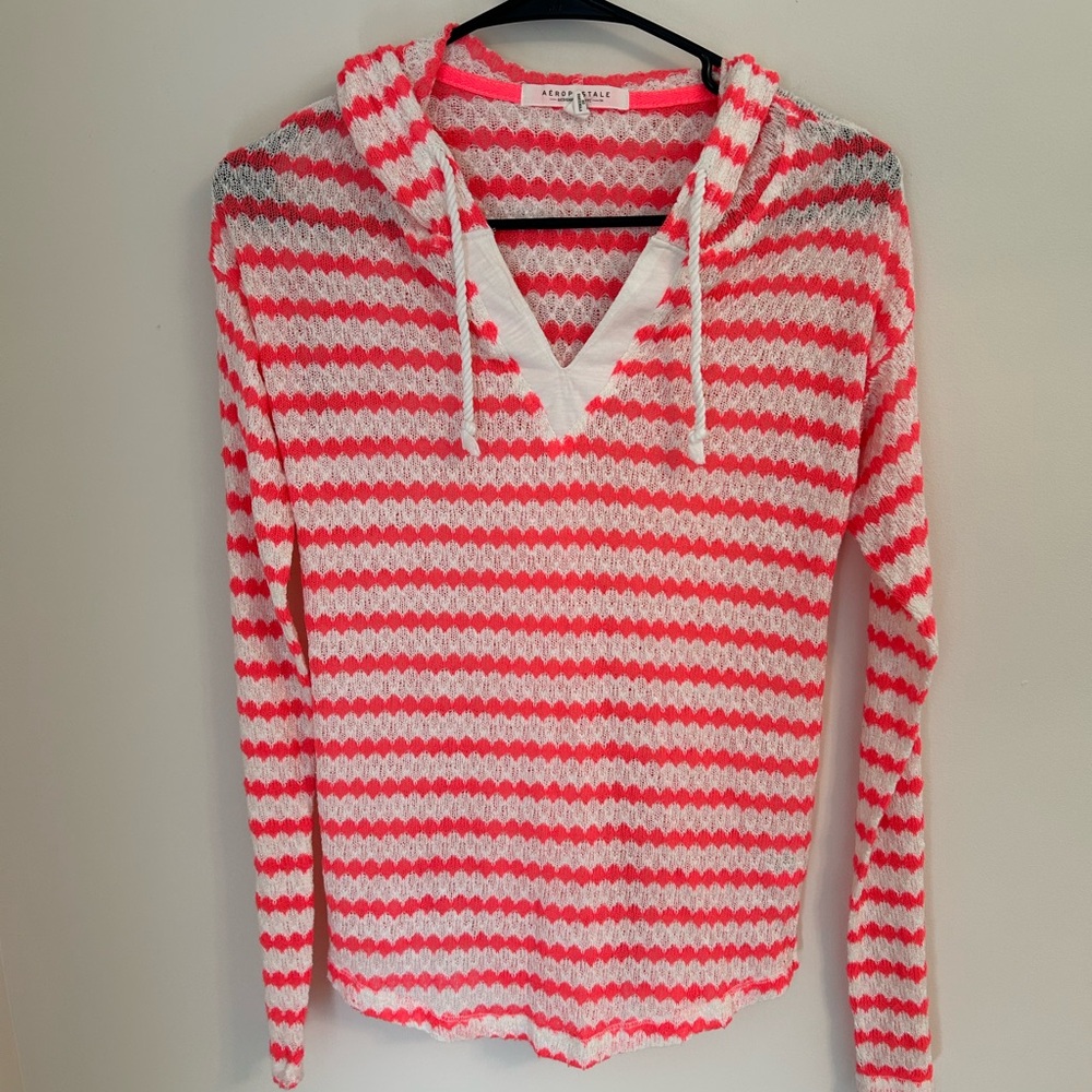 Aeropostale XS Women’s Knit Hooded‎ Top Pink And White Y2K Basics Lightweight